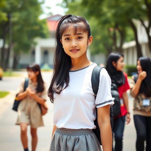 An Indonesian high school girl with a Southeast Asian face featuring round eyes, brown skin, and long black hair tied in a simple ponytail