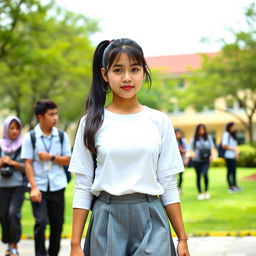 An Indonesian high school girl with a Southeast Asian face featuring round eyes, brown skin, and long black hair tied in a simple ponytail