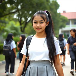 An Indonesian high school girl with a Southeast Asian face featuring round eyes, brown skin, and long black hair tied in a simple ponytail