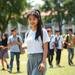 An Indonesian high school girl with a Southeast Asian face featuring round eyes, brown skin, and long black hair tied in a simple ponytail