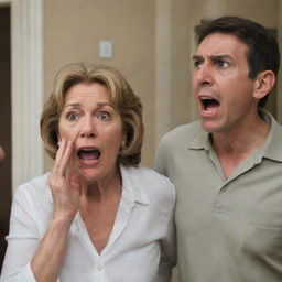 A tense scene of an irate mother-in-law shouting intensely at a startled, defensive man within the confines of a home-like setting.