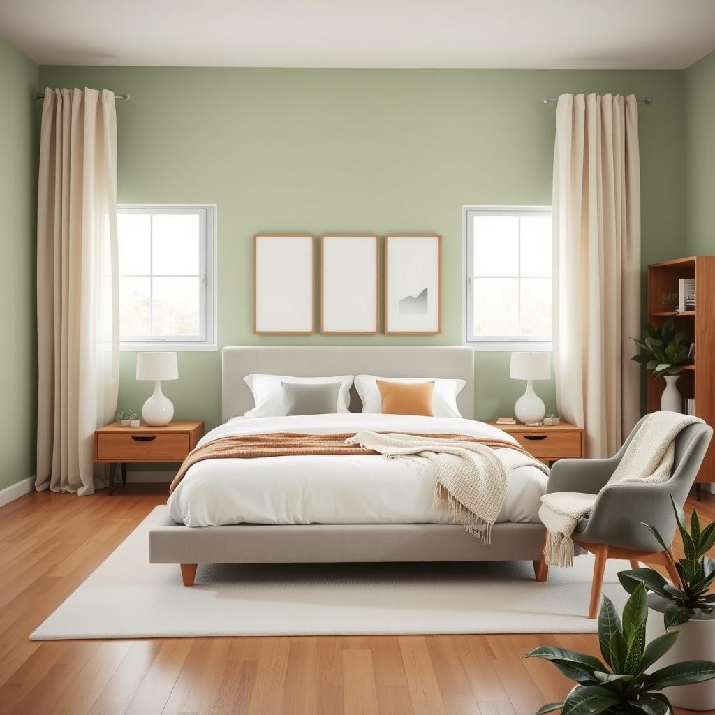 A modern and calming bedroom interior design, showcasing a king-sized platform bed with crisp white linens and accent pillows in muted earth tones