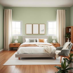 A modern and calming bedroom interior design, showcasing a king-sized platform bed with crisp white linens and accent pillows in muted earth tones