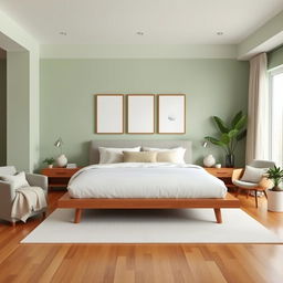 A modern and calming bedroom interior design, showcasing a king-sized platform bed with crisp white linens and accent pillows in muted earth tones