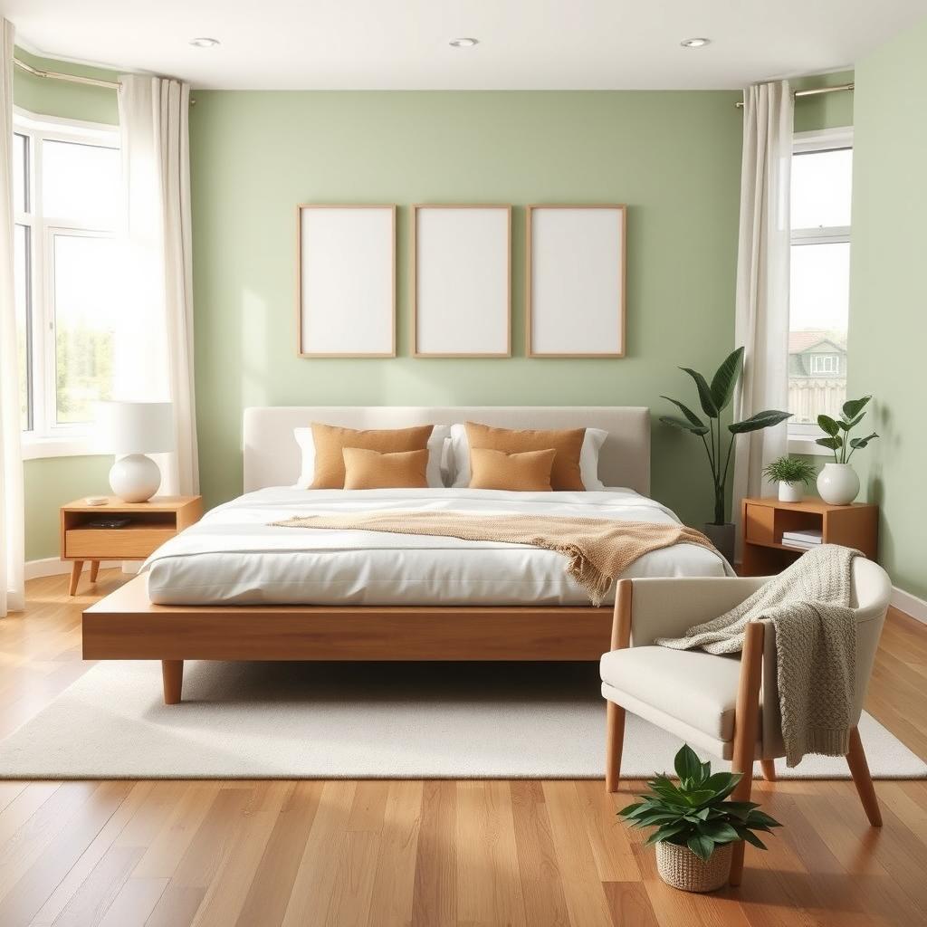 A modern and calming bedroom interior design, showcasing a king-sized platform bed with crisp white linens and accent pillows in muted earth tones