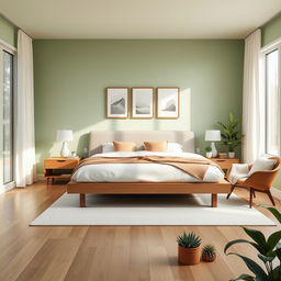 A modern and calming bedroom interior design, showcasing a king-sized platform bed with crisp white linens and accent pillows in muted earth tones