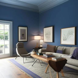 Create a serene room with soft warm lighting and calming blue walls, adorned with interesting art. Plush rugs over a wooden floor leading to a cozy seating area with oversized chairs and a large, welcoming sofa. The air subtly scented with lavender.