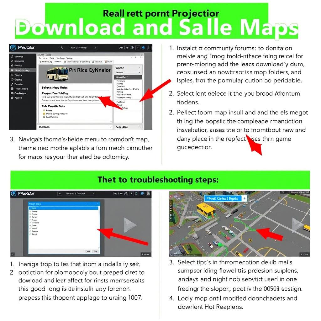 A detailed tutorial image on how to download and install maps in the Proton Bus Simulator