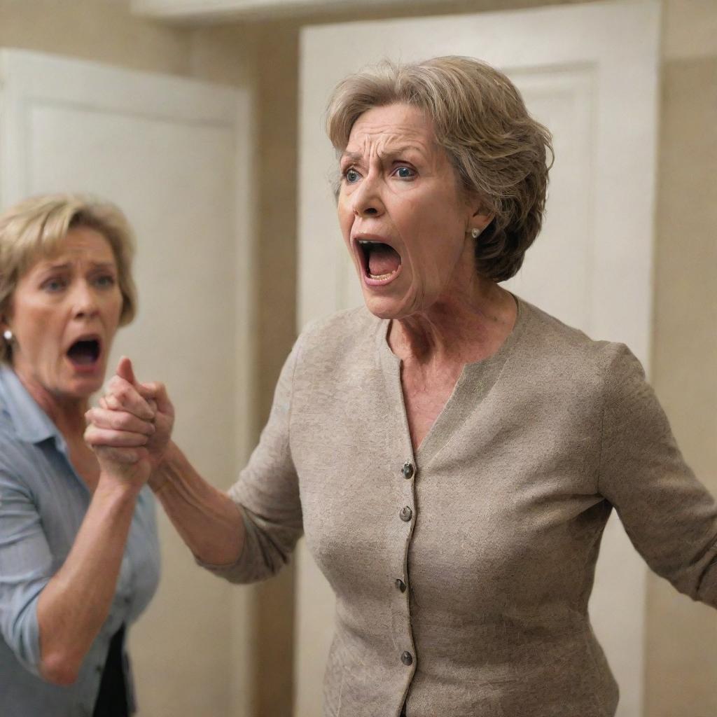 A tense scene of an irate mother-in-law shouting intensely at a startled, defensive man within the confines of a home-like setting.