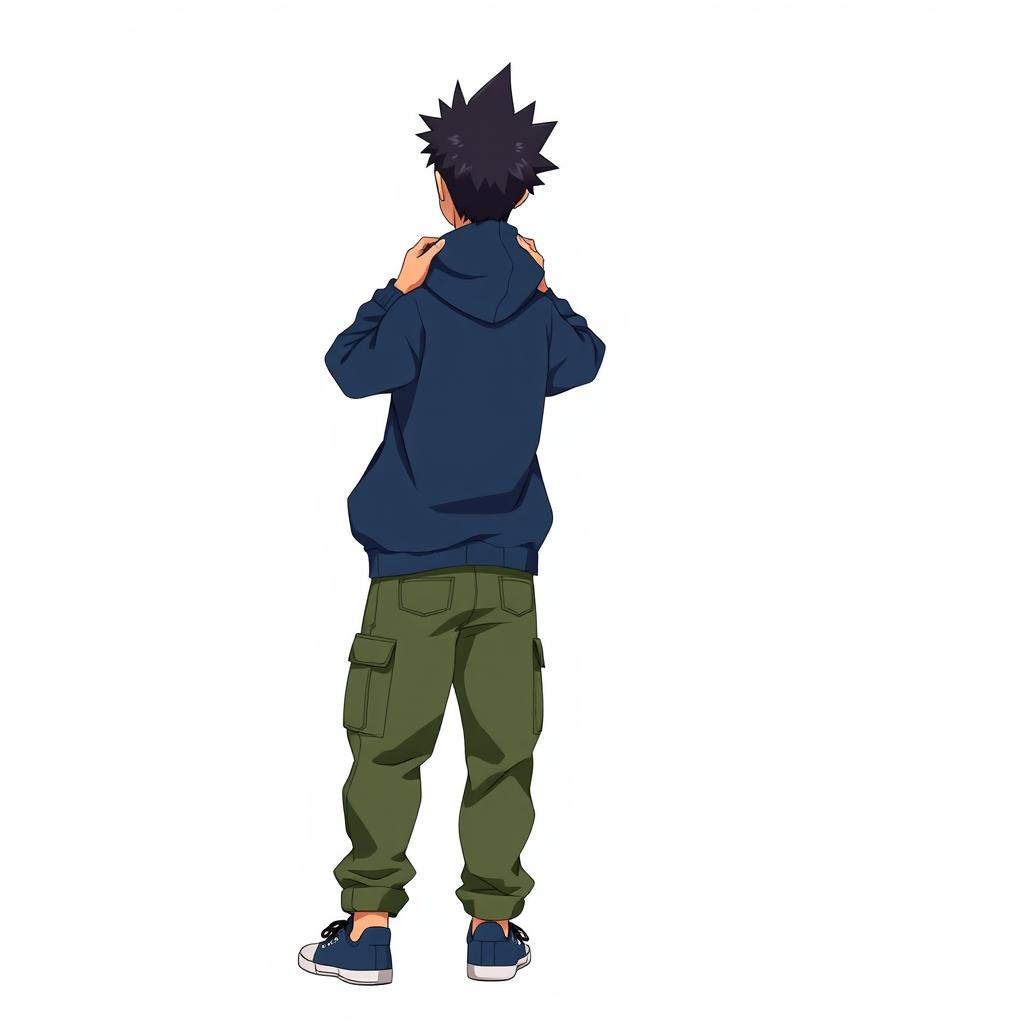 A full-body image of a hooded teenage anime boy with black spiked hair, facing away from the viewer with both hands on the back of his neck