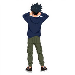 A full-body image of a hooded teenage anime boy with black spiked hair, facing away from the viewer with both hands on the back of his neck