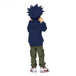 A full-body image of a hooded teenage anime boy with black spiked hair, facing away from the viewer with both hands on the back of his neck