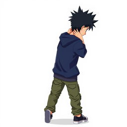 A full-body image of a hooded teenage anime boy with black spiked hair, facing away from the viewer with both hands on the back of his neck