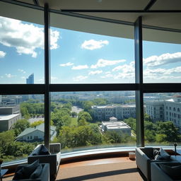 A modern interior view showcasing large, elegant windows with abundant natural light streaming through