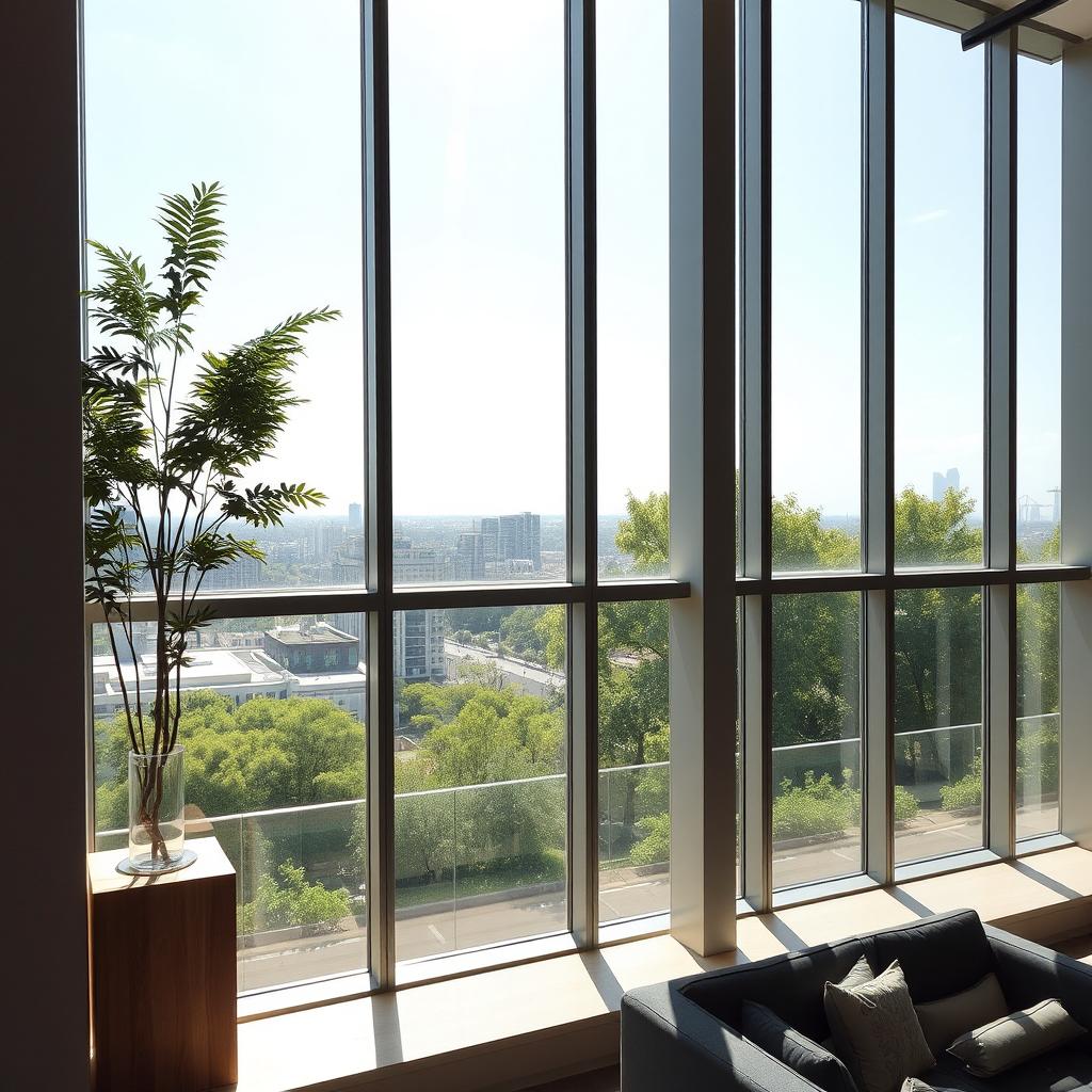 A modern interior view showcasing large, elegant windows with abundant natural light streaming through