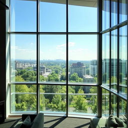 A modern interior view showcasing large, elegant windows with abundant natural light streaming through