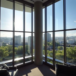 A modern interior view showcasing large, elegant windows with abundant natural light streaming through