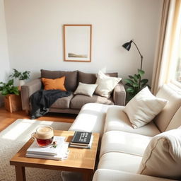 A cozy minimalist living space with a warm, inviting atmosphere