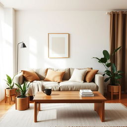 A cozy minimalist living space with a warm, inviting atmosphere