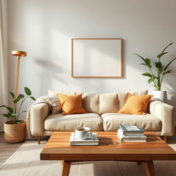 A cozy minimalist living space with a warm, inviting atmosphere