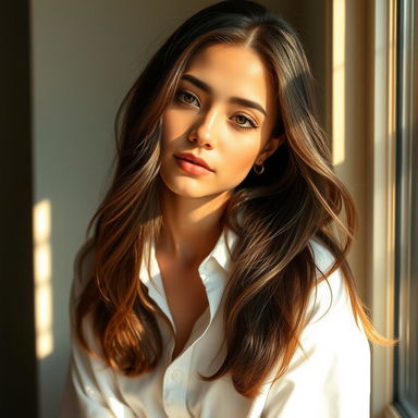 A beautiful brunette girl with flowing hair, elegantly attired in a crisp white shirt