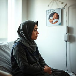 A short woman with an oval face, wearing a hijab, sits despondently on a hospital examination bed