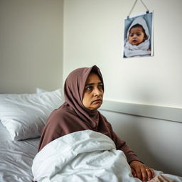 A short woman with an oval face, wearing a hijab, sits despondently on a hospital examination bed