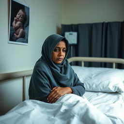 A short woman with an oval face, wearing a hijab, sits despondently on a hospital examination bed