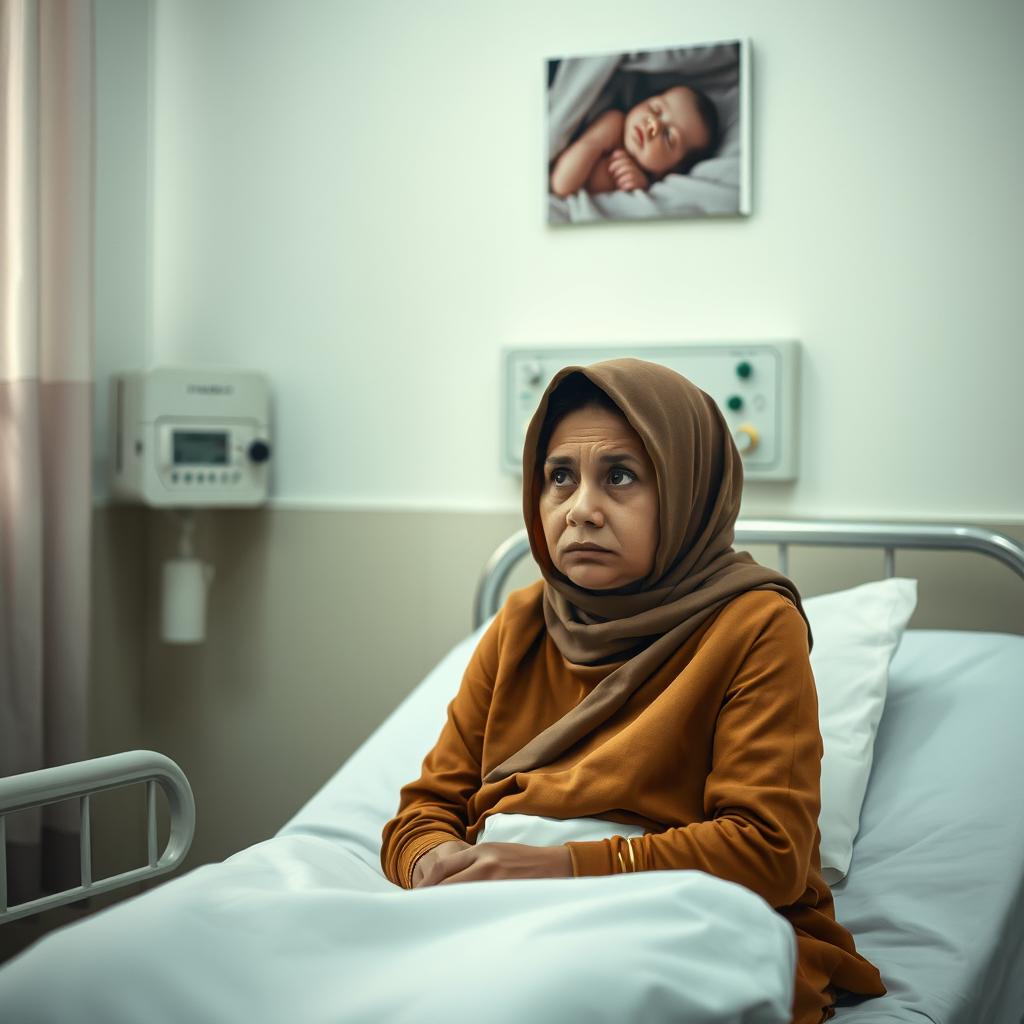 A short woman with an oval face, wearing a hijab, sits despondently on a hospital examination bed