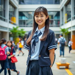 A good-looking high school girl stands confidently in the middle of the school yard, wearing a neat school uniform