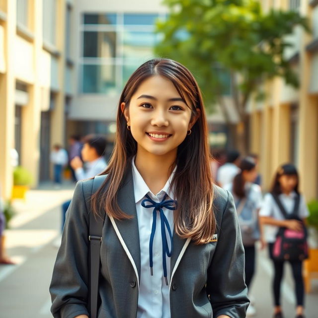 A good-looking high school girl stands confidently in the middle of the school yard, wearing a neat school uniform