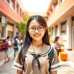 A good-looking high school girl stands confidently in the middle of the school yard, wearing a neat school uniform