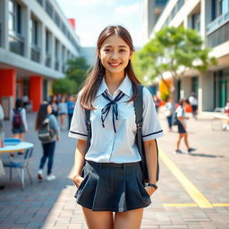 A good-looking high school girl stands confidently in the middle of the school yard, wearing a neat school uniform