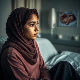 A 20-year-old short woman with an oval face, wearing a hijab, sits despondently on a hospital examination bed