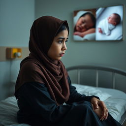 A 20-year-old short woman with an oval face, wearing a hijab, sits despondently on a hospital examination bed