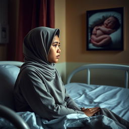 A 20-year-old short woman with an oval face, wearing a hijab, sits despondently on a hospital examination bed