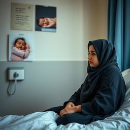 A 20-year-old short woman with an oval face, wearing a hijab, sits despondently on a hospital examination bed