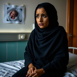 A 30-year-old short woman with an oval face, wearing a hijab, sits sadly on a hospital examination bed