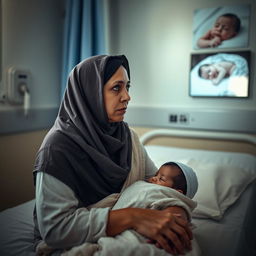 A 30-year-old short woman with an oval face, wearing a hijab, sits sadly on a hospital examination bed