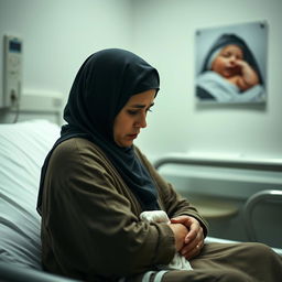 A 30-year-old short woman with an oval face, wearing a hijab, sits sadly on a hospital examination bed