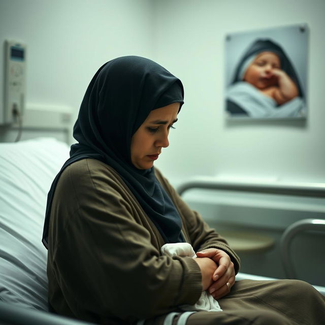 A 30-year-old short woman with an oval face, wearing a hijab, sits sadly on a hospital examination bed