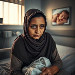 A 30-year-old short woman with an oval face, wearing a hijab, sits sadly on a hospital examination bed