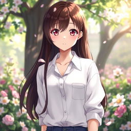 A beautiful anime brunette girl with long, flowing hair wearing an elegant white shirt