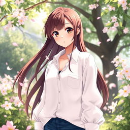 A beautiful anime brunette girl with long, flowing hair wearing an elegant white shirt