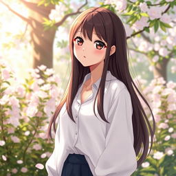 A beautiful anime brunette girl with long, flowing hair wearing an elegant white shirt