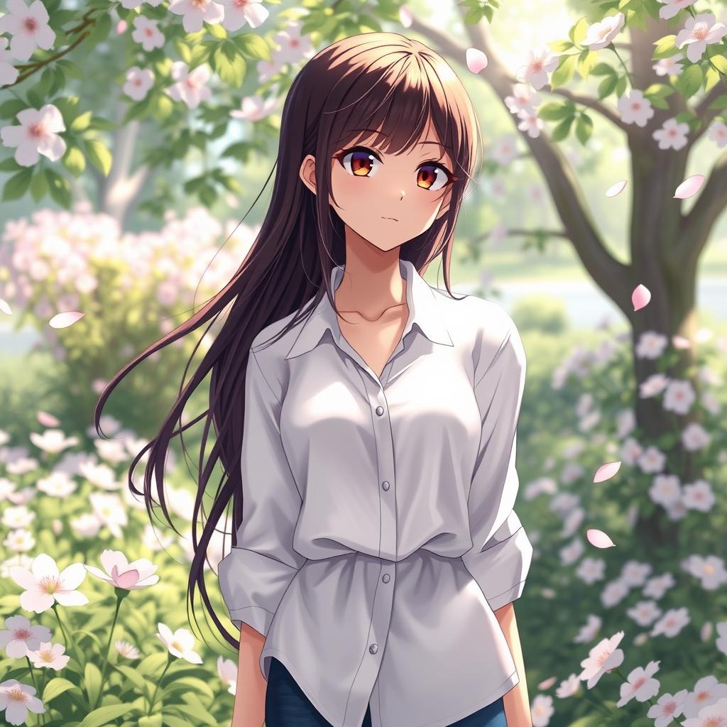 A beautiful anime brunette girl with long, flowing hair wearing an elegant white shirt