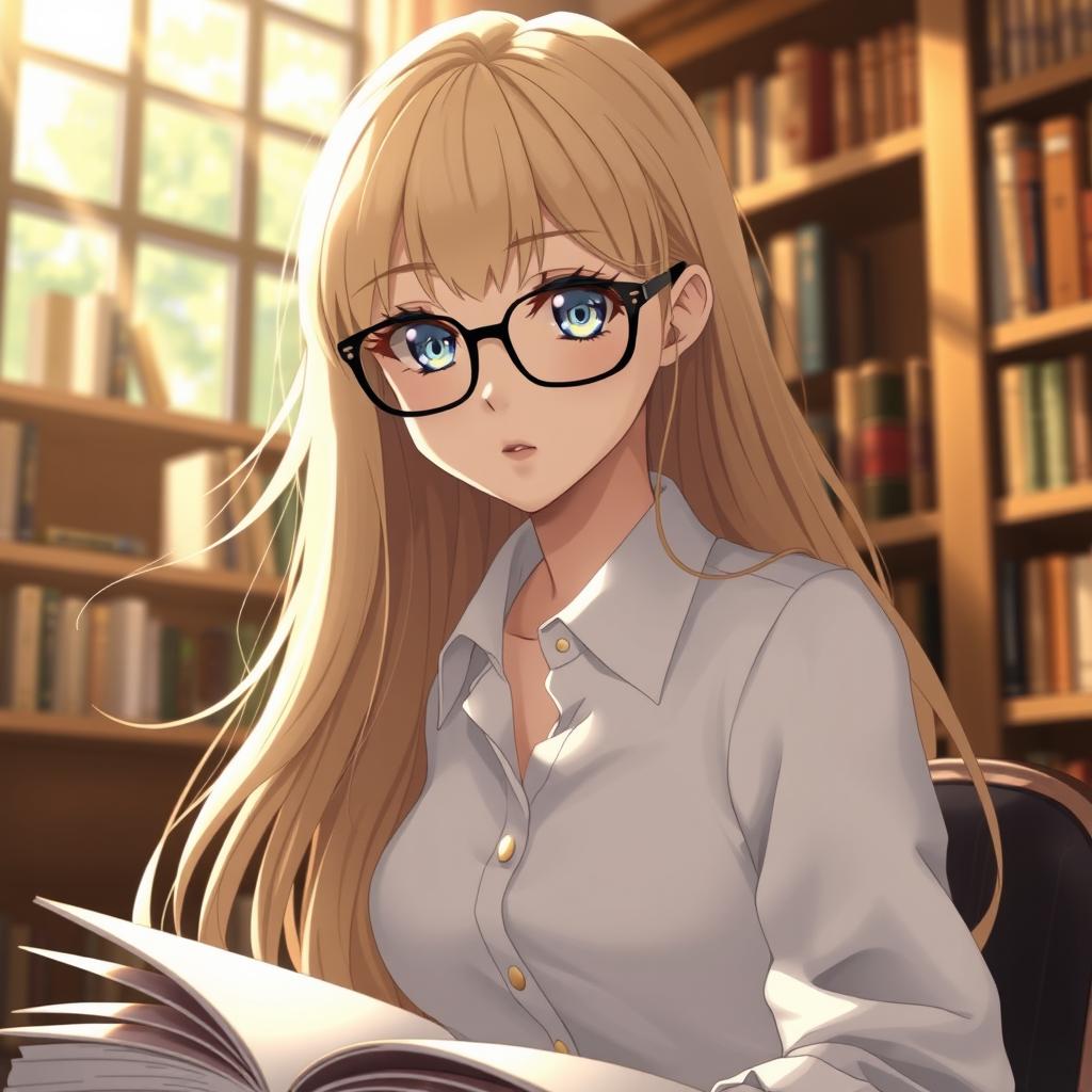 A beautiful anime blonde girl with sparkling eyes, wearing sleek glasses and a crisp white shirt