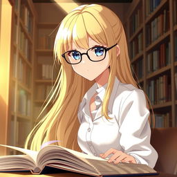 A beautiful anime blonde girl with sparkling eyes, wearing sleek glasses and a crisp white shirt