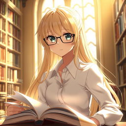 A beautiful anime blonde girl with sparkling eyes, wearing sleek glasses and a crisp white shirt