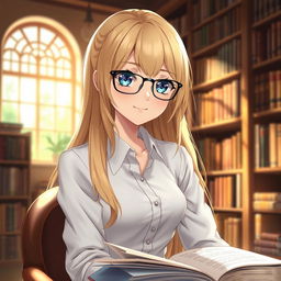 A beautiful anime blonde girl with sparkling eyes, wearing sleek glasses and a crisp white shirt